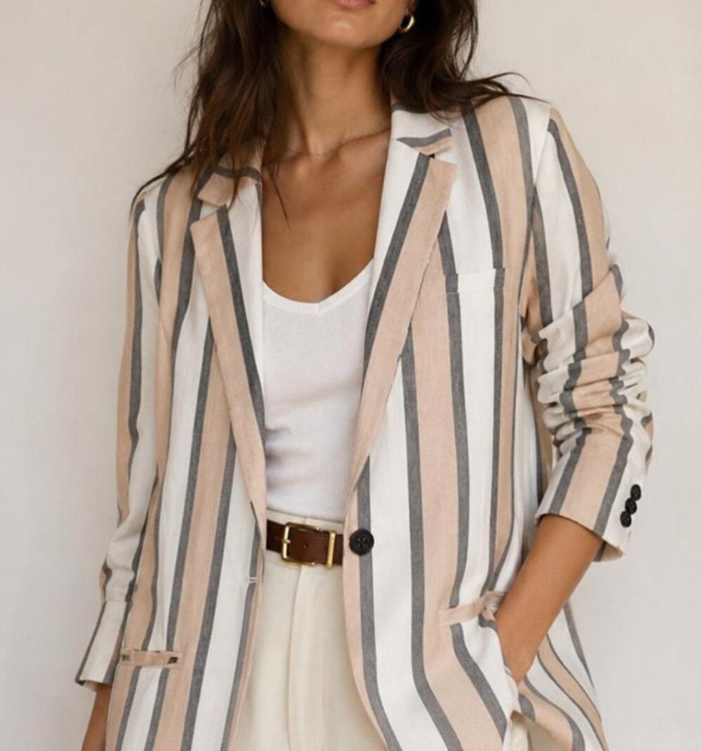 Banana Republic Long and Lean Cream Peach Striped Linen Blazer Women's Size 6
